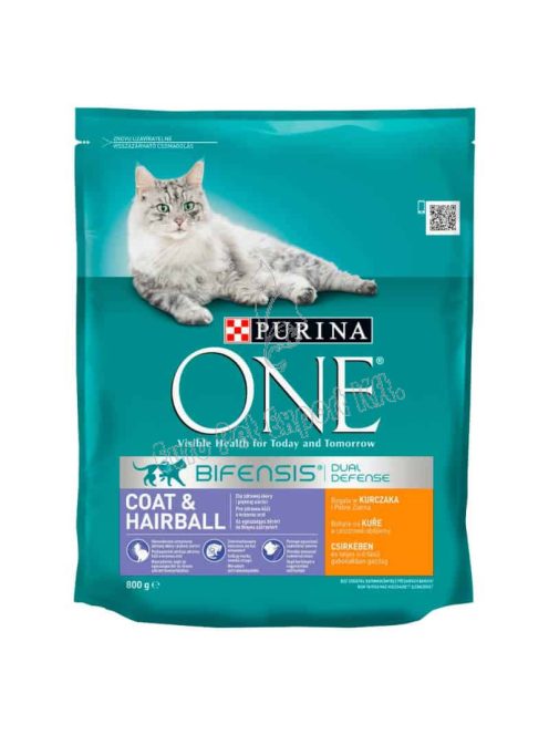 Purina One Coat & Hairball téljes értékű eledel felnőtt macskák számára csirkével és gabonával 800g
