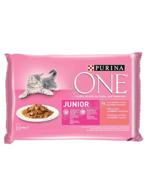 Purina One Junior Mini Filé nedves macskaeledel szószban lazaccal és sárgarépával 4 x 85g (340g)