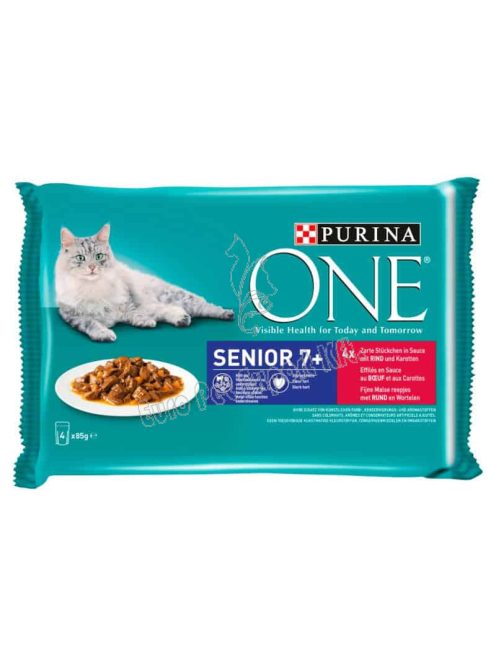 Purina One Senior 7+ Mini Filé nedves macskaeledel szószban marhával & sárgarépával 4 x 85g (340g)